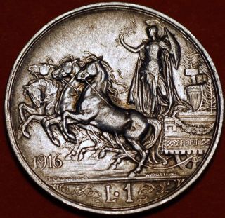 Italy.  1 Lira 1916 Vittorio Emanuele Iii.  Silver Coin.  Km 57.  Rare photo