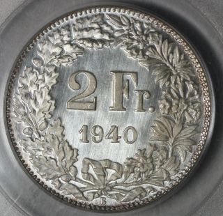 1940 Pcgs Sp 66 Ogh Switzerland Silver 2 Francs Gem Bu Specimen Coin (16111820c) photo