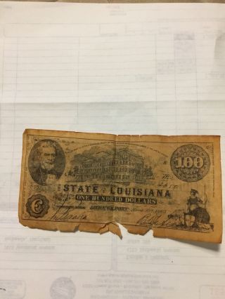 1863 $100 The State Of Louisiana Shreveport photo