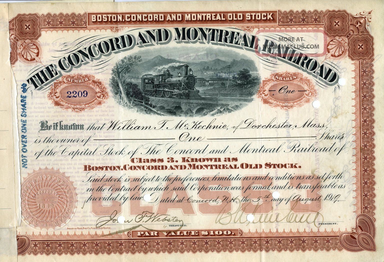 The Concord And Montreal Stock Certificate, 1919