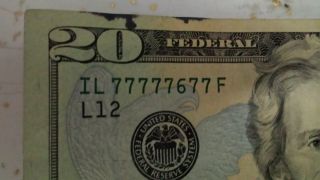 Binary 77777677 Serial Note.  $20 Dollar Bill Paper Money Frn Us Banknote photo