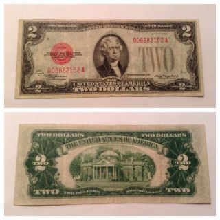 Vintage $2 1928 - D Federal Reserve Note Two Dollar Jefferson Red Seal Dollars photo