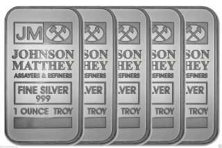 Five Jm Johnson Matthey Fine Silver 999 1 Ounce Troy Bar photo