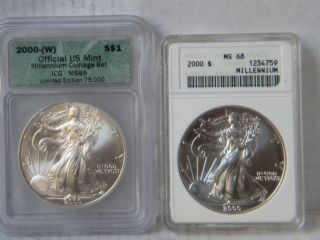 2 Silver Eagle 2000 Millennium 1oz.  999 Fine Silver photo