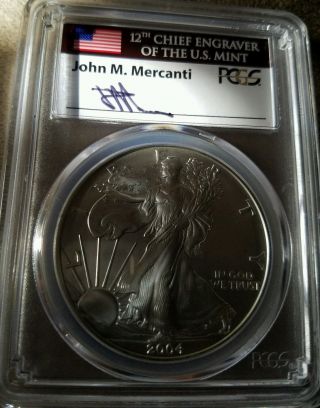2004 American Silver Eagle Ms70 Mercanti Signed First Strike.  Mercanti Signature photo