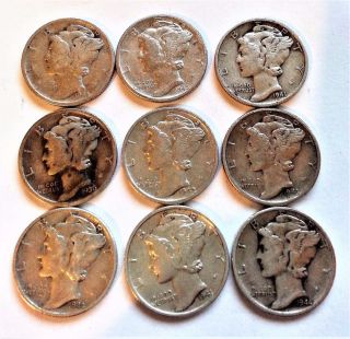 9 Silver Mercury Dimes 3/4 Oz.  1936,  1941,  1942,  1943,  1944,  1945 Readable Dates photo