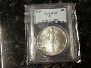 1994 American Silver Eagle $1 Graded Ms - 69 By Pcgs photo