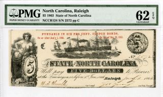 1863 $5 The State Of North Carolina Note - Civil War Era Pmg Unc 62 Epq photo