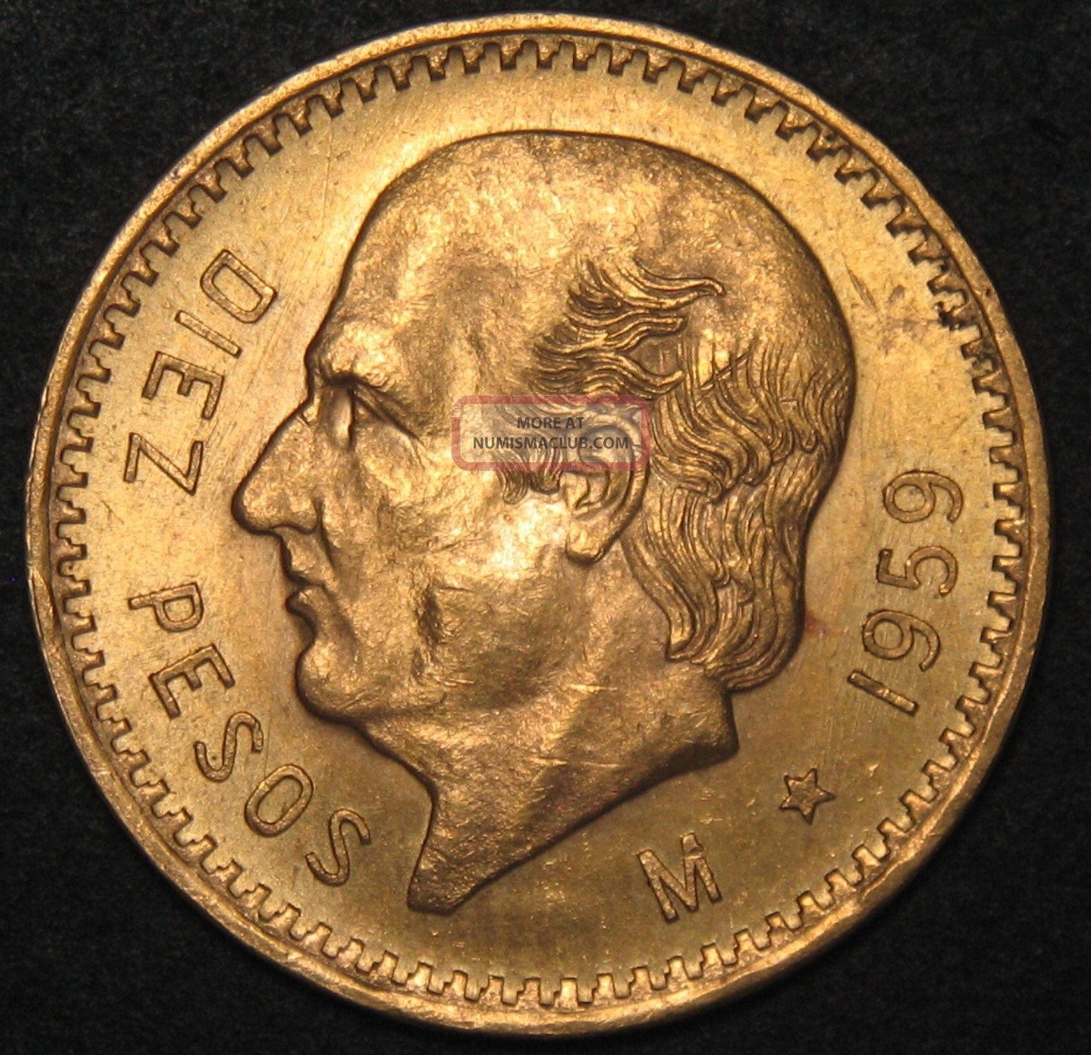 1959 M Mexico 10 Diez Peso Gold Coin 90 (. 2411 Agw) Sku 399628