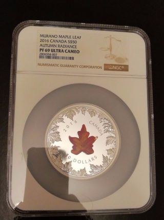 2016 Canada $50 5 Oz Silver Murano Maple Leaf: Autumn Radiance Ngc Pf69 photo
