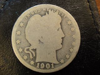 1901 - S United States Liberty Head Barber Quarter.  About Good To Good.  Scarce photo