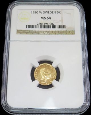 1920 W Gold Sweden 5 Kronor King Gustaf V Coin Ngc State 64 photo