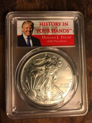2017 $1 American Silver Eagle Pcgs Ms69 Donald Trump First Strike Label photo