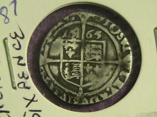 1565 Elizabeth I,  Hammered Silver Sixpence Sterling,  Fineness Tower,  Rose Mark photo