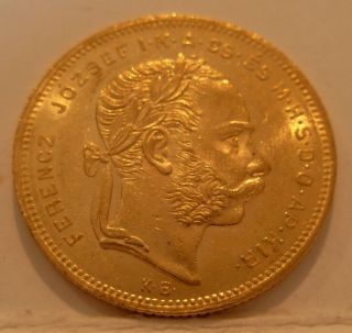 Hungary 1877 Kb Gold 8 Forint 20 Francs Unc photo