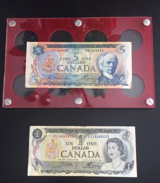 Canadian Paper Money $1 (1973),  $2 (1954),  And $5 (1972) Bills photo
