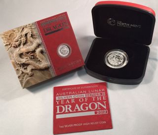 Australian Lunar Year Of The Dragon 2012 High Relief Silver Coin Perth photo