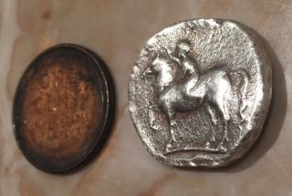 Ancient Greek Silver Coin Dolphin Horse Didrachm Taras Calabria Circus 280 Bc photo