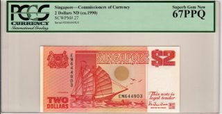 Singapore 2 Dollars (1990) P27 Ship Em644903 Banknote Pcgs 67 Ppq photo