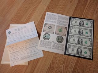 Series 1981 Uncut Sheet Of (4) $1 Bills,  Bureau Of Engraving And Printing photo