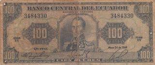 Ecuador 100 Sucres Banknote 24.  5.  1968 (pick 105) photo