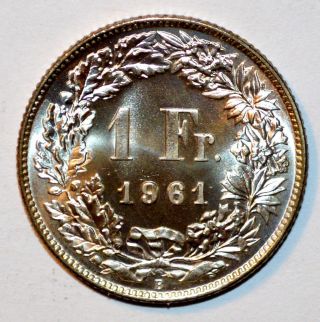 1961 Switzerland Coin 1 Franc Franken.  835 Silver Brilliant State Bu photo