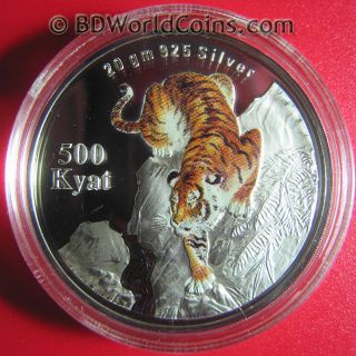1998 Burma Myanmar 500 Kyat Silver Proof Tiger Stalking Cat Capsule photo