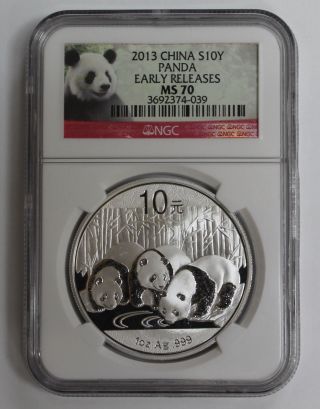 2013 China 1 Oz.  Silver Panda 10 Yuan Ngc Ms70 Perfect Coin photo