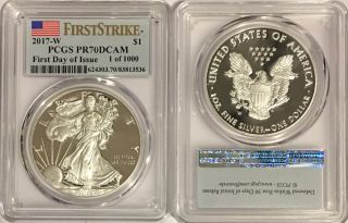 2017 W Proof Silver Eagle Pcgs Pr70 Dcam First Day Of Issue Flag Label 1 Of 1000 photo