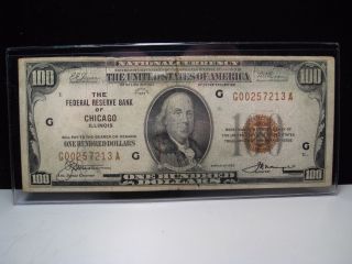 1929 Brown Seal $100.  00 Us National Currency Note.  Frb Of Chicago.  G00257213a. photo