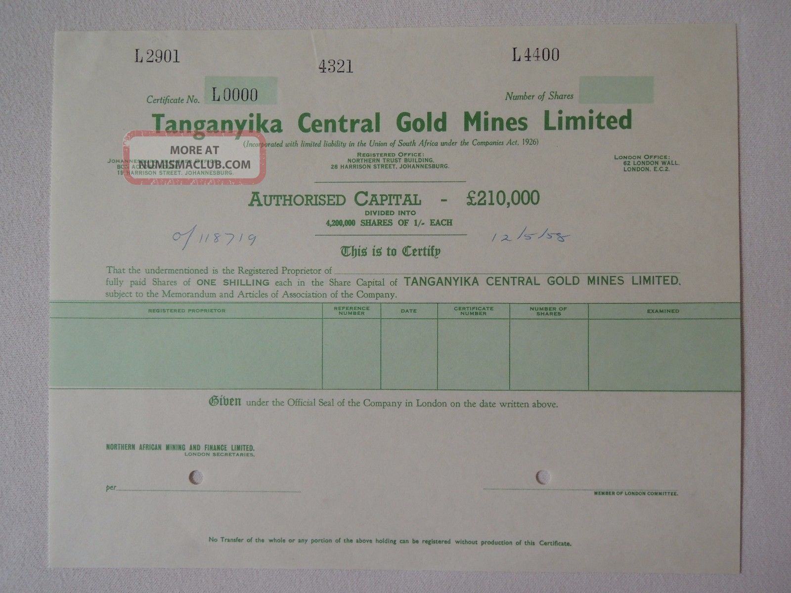 Africa Tanganyika Gb Central Gold Mines Specimen Share 1958 Mining Johannesburg World photo
