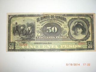 Mexican Revolution Banco De Sonora 50 Pesos Banknote Peso Mexico Currency Money photo
