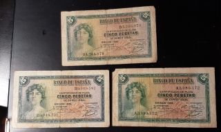 Rare Spain Trio 3 By 5 Pesetas Rare 1935 Black Serials A & B Seria photo