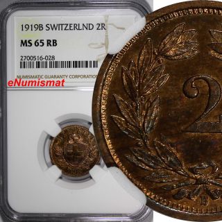 Switzerland Bronze 1919 - B 2 Rappen Ngc Ms65 Rb Lovely Red Toning Km 4.  2 photo