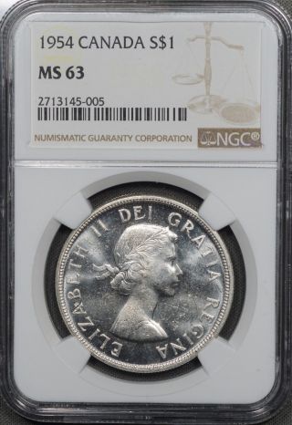 1954 Canada Silver Dollar,  Ngc Ms63 photo