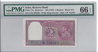 India 1937 2 Rupees,  Pick 17a,  Pmg Gem Uncirculated 66 Epq photo