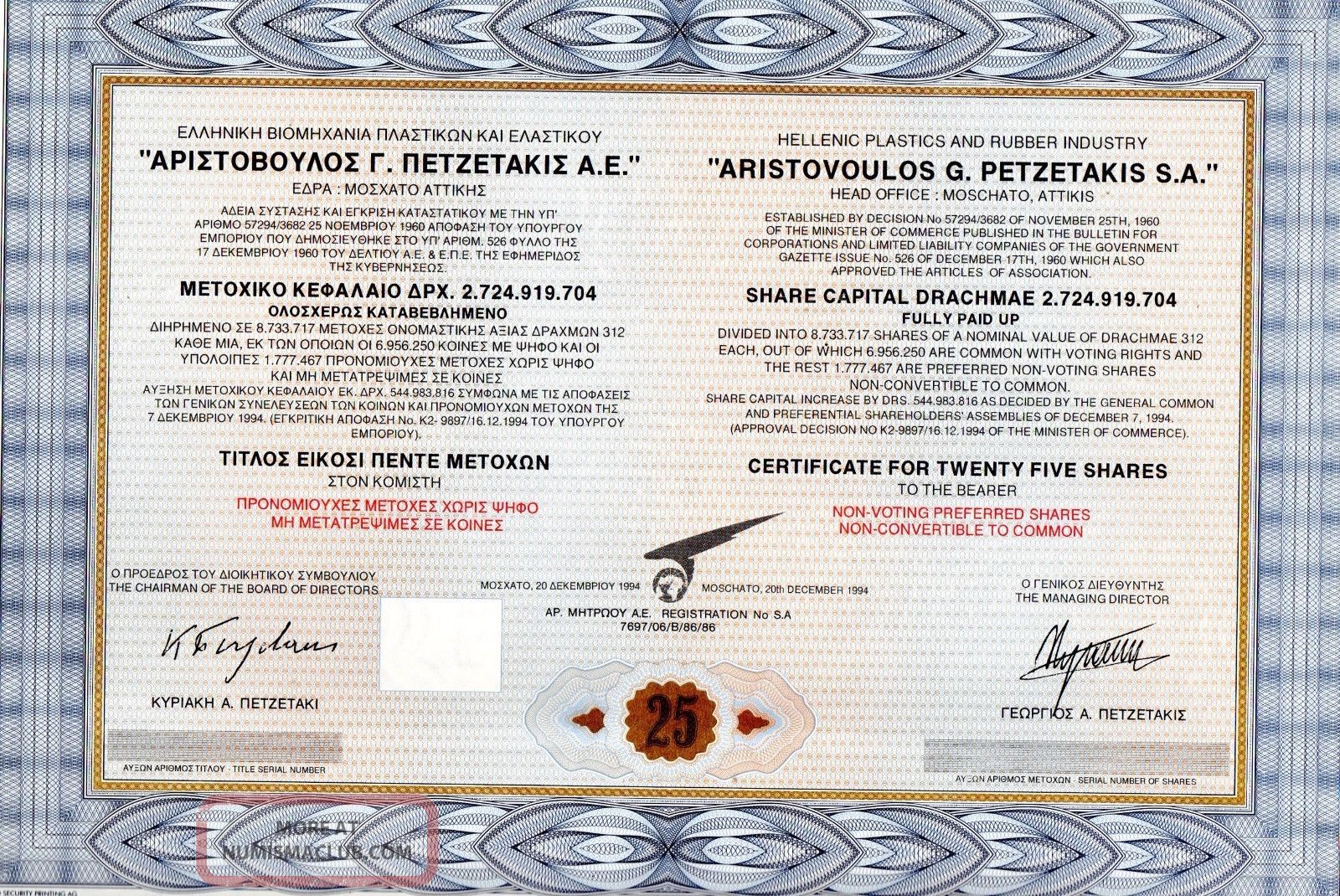 Gr Plastic,  Rubber Petzetakis Sa Title Of 25 Shares Bond Stock Certificate 1994 World photo