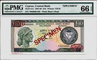 Central Bank Cyprus 10 Pounds 1987 Specimen Pmg 66epq photo