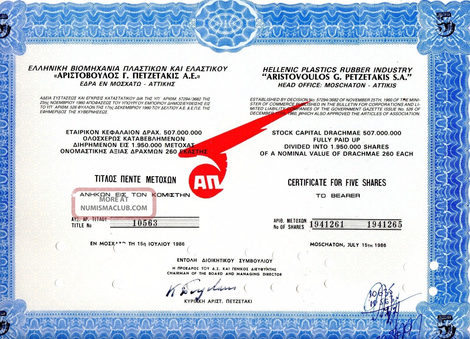 Plastics,  Rubber Petzetakis Sa,  Title Of 5 Shares Bond Stock Certificate 1986 World photo