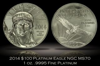 2014 $100 1 Oz.  9995 Fine Platinum Eagle Ngc Ms70 Early Releases Perfect Grade photo