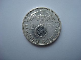 2 Reichsmark 1939 A German Hitler Silver Coin Third Reich Nazi Swastika Ww2 photo