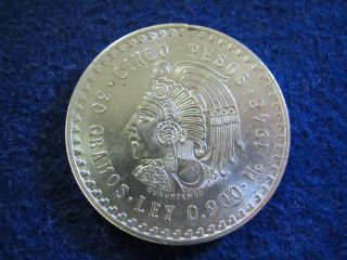 1948 Mexico Silver 5 Pesos - Cuauhtemoc - Bright Au/bu - U S photo