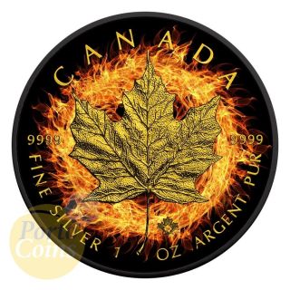 2016 Canada $5 Burning Maple Leaf Fire Black Ruthenium Gold 1 Oz Silver Coin photo