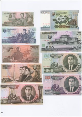 Korea,  （1、5、10、50、100、200、500、1000、5000）won,  Paper Money,  1992 - 2007,  Unc photo