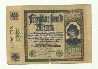 Germany 5.  000 Mark 1922 K 696077 K Circulated Banknote photo