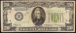 1934 $20 Bill Low Lgs Star Light Green Seal Note Currency Paper Money Fr 2054 - H photo