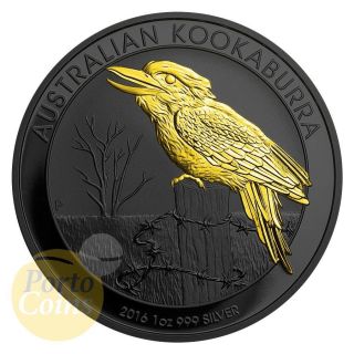 2016 1oz $1 Australian 999 Fine Silver Kookaburra Ruthenium 24k Gold Gilded Rare photo