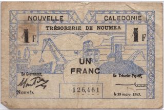 Ww2 Un Franc France Nouvelle Caledonie March 29 1943 Note 1 photo