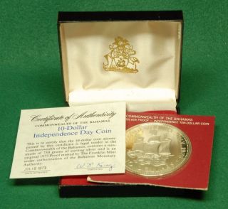 1973 Bahamas $10 (10 Dollar) Silver Proof Coin,  Independence Day,  With Case photo