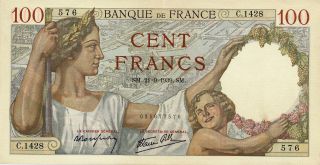 Banque De France France 100 Francs 1939 Au photo